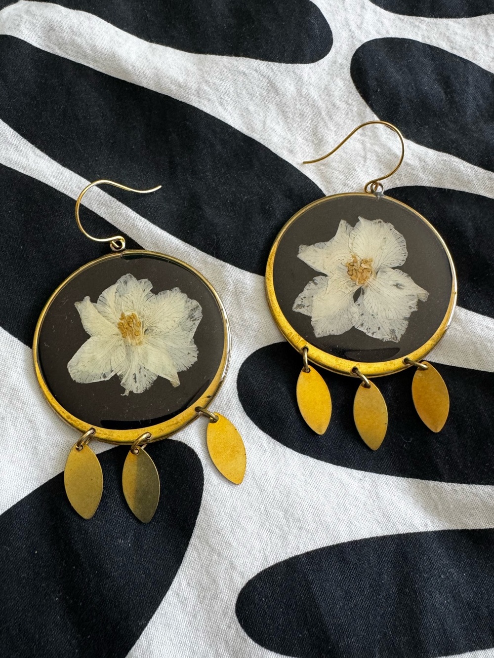 Bronze Floral Drop Earrings with White Pressed Flower